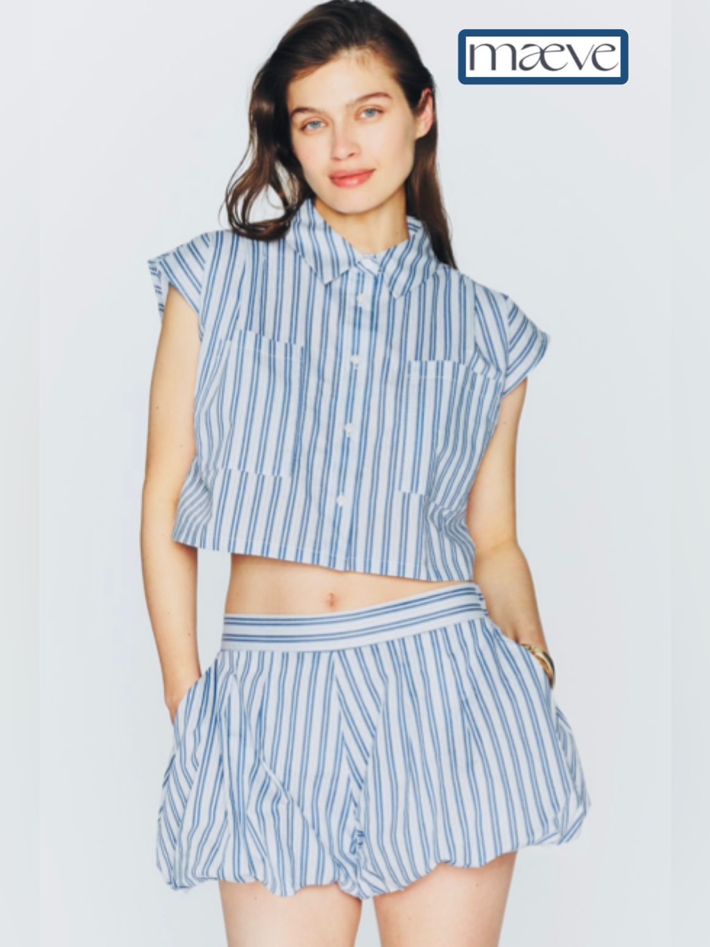Nwt Maeve Anthro Striped Blue|White 2piece Set Crop Button Shirt & Bubble Shorts